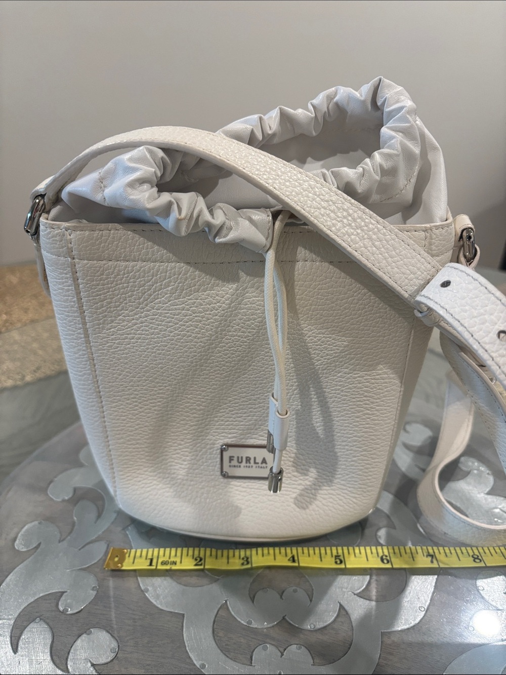 New Furla White Pebbled Leather Drawstring Crossbody or shoulder Bucket Bag